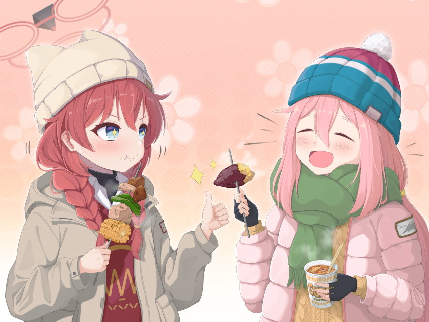 +_+ 2girls absurdres animal_ear_headwear beanie black_gloves black_undershirt blue_archive blue_eyes blue_hat braid braided_twintails brown_hat brown_jacket brown_sweater cable_knit chewing chopsticks closed_eyes closed_mouth coat collared_shirt corn crossover cup_ramen down_jacket eating fake_animal_ears fingerless_gloves floral_background food gloves gradient_background green_scarf hair_between_eyes halo hat highres holding holding_skewer jacket kagamihara_nadeshiko long_hair long_sleeves looking_at_another low_twintails maki_(blue_archive) maki_(camp)_(blue_archive) multiple_girls open_clothes open_coat open_mouth pink_background pink_hair pink_jacket pom_pom_(clothes) pom_pom_beanie potato red_hair red_halo red_sweater_vest roasted_sweet_potato scarf shirt skewer smile sparkle sweater sweater_vest sweet_potato thumbs_up twin_braids twintails upper_body white_background white_shirt yurucamp yusuna