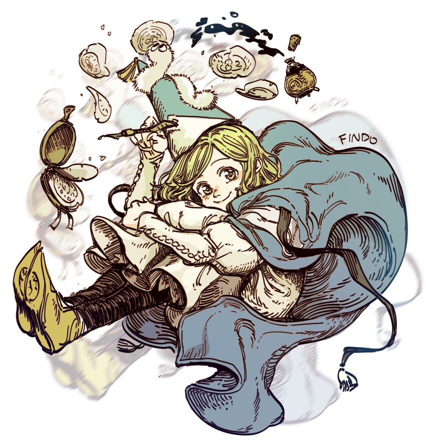 1girl absurdres artist_name blonde_hair brushbuddy child cloak coco_(tongari_boushi_no_atelier) findoworld hat highres ink long_sleeves pen short_hair smile solo tongari_boushi_no_atelier witch_hat yellow_eyes