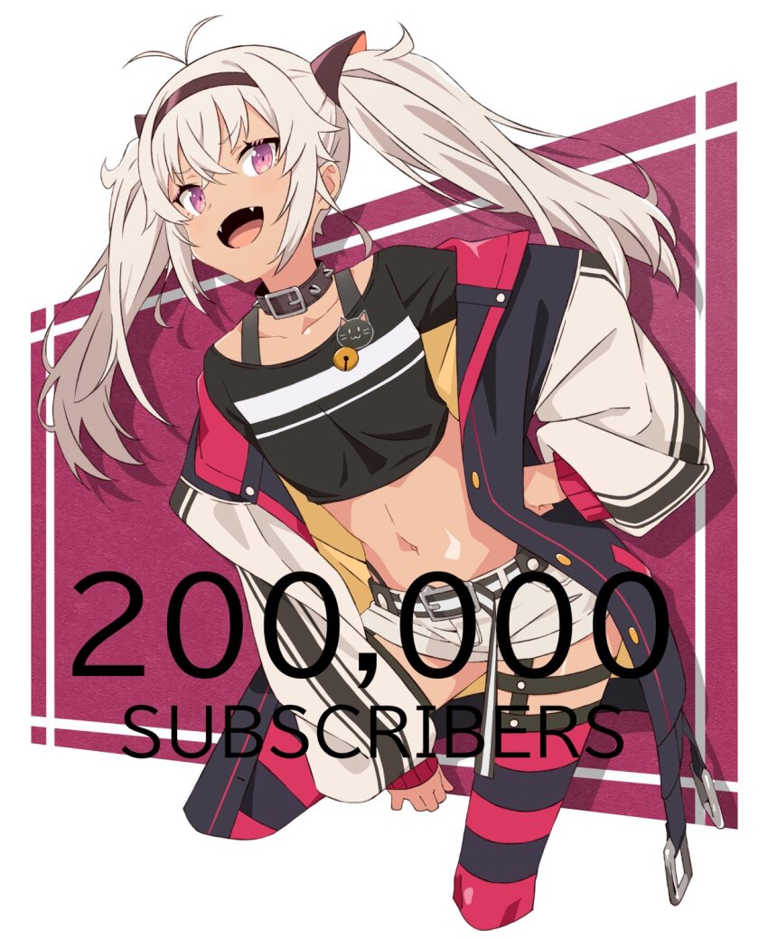 1girl akitetsu black_panties collar crop_top cropped_legs dark-skinned_female dark_skin english_text fang flat_chest grey_hair hashtag-only_commentary highres jacket long_hair matsukai_mao milestone_celebration navel nijisanji off_shoulder open_clothes open_jacket open_mouth panties panty_straps purple_eyes smile solo spiked_collar spikes striped_clothes striped_thighhighs thighhighs twintails underwear virtual_youtuber