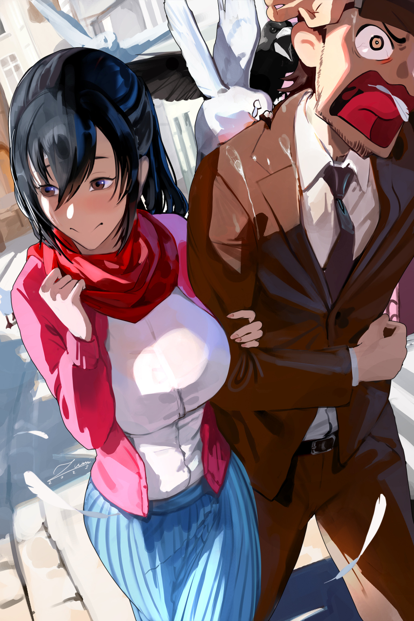 1boy 1girl belt bird biting biting_clothes black_hair bloodshot_eyes breasts brown_eyes brown_hair crow feathers formal_clothes highres jean_kirstein large_breasts mikasa_ackerman necktie object_in_mouth pavement pigeon scarf screaming shingeki_no_kyojin shirt skirt smile suit tagme tears tongue zumi_(zumidraws)