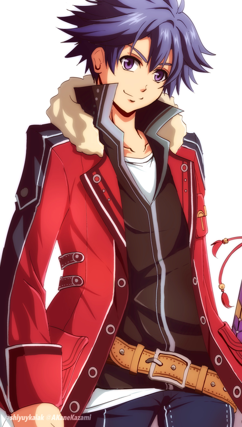 1boy ahoge akane_kazami coat double-parted_bangs eiyuu_densetsu fur_collar hair_between_eyes high_collar highres pixiv_username pommel_tassel purple_eyes purple_hair rean_schwarzer sen_no_kiseki sen_no_kiseki_(series) sen_no_kiseki_ii simple_background smile solo sword twitter_username weapon white_background