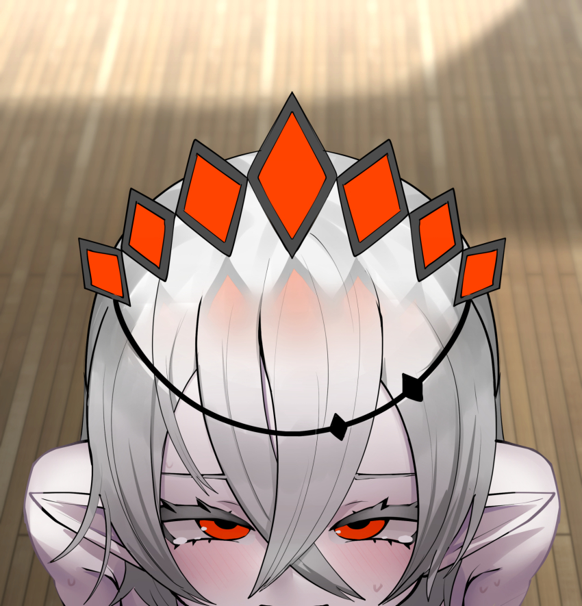 1girl absurdres bare_shoulders blazing_cartesia_the_virtuous cotan_(actancyaga) duel_monster ecclesia_(yu-gi-oh!) grey_hair highres implied_fellatio indoors pointy_ears pov red_eyes solo wooden_floor yu-gi-oh!
