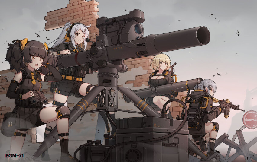 4girls anti-tank_missile assault_rifle bgm-71_(girls&#039;_frontline) bgm-71_tow binoculars black_gloves black_sweater blonde_hair breasts brick_wall broken_wall brown_eyes brown_hair brown_jacket brown_shirt brown_shorts brown_skirt buckle cable character_name chestnut_mouth cleavage cleavage_cutout clothing_cutout czech_hedgehog detached_sleeves fingerless_gloves girls&#039;_frontline gloves grin gun hair_ornament hairclip hand_on_own_ear handgun headset highres holding holding_binoculars holding_gun holding_weapon holster holstered jacket knee_pads large_breasts long_hair m4_carbine medium_breasts military_operator missile multiple_girls necktie official_art on_one_knee open_mouth pleated_skirt ponytail pouch reloading ribbed_sweater rifle road_sign shirt shoes short_hair short_necktie shorts sign skirt sleeveless sleeveless_shirt smile snap-fit_buckle socks sweater tactical_clothes terras thigh_holster tow_atgm trigger_discipline tripod twintails weapon white_hair yellow_necktie