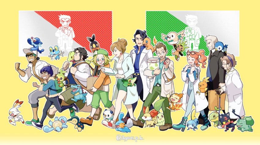 &gt;_&lt; 4girls 6+boys agnus_p_k augustine_sycamore aurea_juniper backpack bag bianca_(pokemon) birch_(pokemon) blonde_hair blue_jacket blue_shirt bow bulbasaur cane charmander chespin chikorita chimchar dark-skinned_male dark_skin egg elm_(pokemon) eyewear_on_head facial_hair fennekin flame-tipped_tail froakie fur_trim game_freak gen_1_pokemon gen_2_pokemon gen_3_pokemon gen_4_pokemon gen_5_pokemon gen_6_pokemon gen_7_pokemon gen_8_pokemon glasses green_hair green_headwear green_pants green_skirt grey_hair grookey hair_bow hair_ornament heart heart_hair_ornament hop_(pokemon) jacket kukui_(pokemon) lab_coat litleo magnolia_(pokemon) mudkip multiple_boys multiple_girls mustache nintendo on_head on_shoulder orange_hair oshawott pants pencil_skirt piplup pokemon pokemon_(creature) pokemon_bw pokemon_bw2 pokemon_dppt pokemon_egg pokemon_hgss pokemon_in_clothes pokemon_on_head pokemon_on_shoulder pokemon_rgby pokemon_rse pokemon_sm pokemon_swsh pokemon_xy popped_collar popplio red-framed_eyewear rowan_(pokemon) rowlet samuel_oak scorbunny semi-rimless_eyewear shirt skirt snivy sobble sonia_(pokemon) squirtle starter_pokemon_trio tepig torchic totodile treecko turtwig twitter_username under-rim_eyewear yellow_background