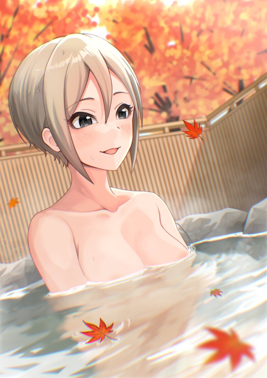1girl areola_slip autumn_leaves bathing black_eyes blush breasts falling_leaves grey_hair highres idolmaster idolmaster_cinderella_girls leaf medium_breasts nude open_mouth partially_submerged rock shiomi_syuko short_hair smile solo t.r tree wet