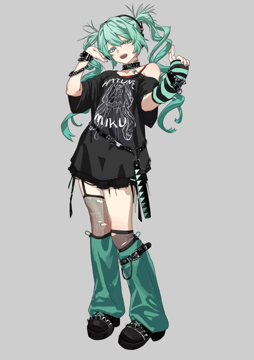 1girl aqua_hair arm_warmers belt black_shirt black_shoes black_skirt bracelet choker cute_x_subculture_hatsune_miku_design_contest fashion grey_background hashtag-only_commentary hatsune_miku highres jewelry leg_warmers long_hair looking_at_viewer open_mouth oversized_clothes oversized_shirt punk safety_pin sawatani_(_swt2) shirt shoes simple_background single_arm_warmer skirt smile solo standing striped_arm_warmers vocaloid wallet_chain