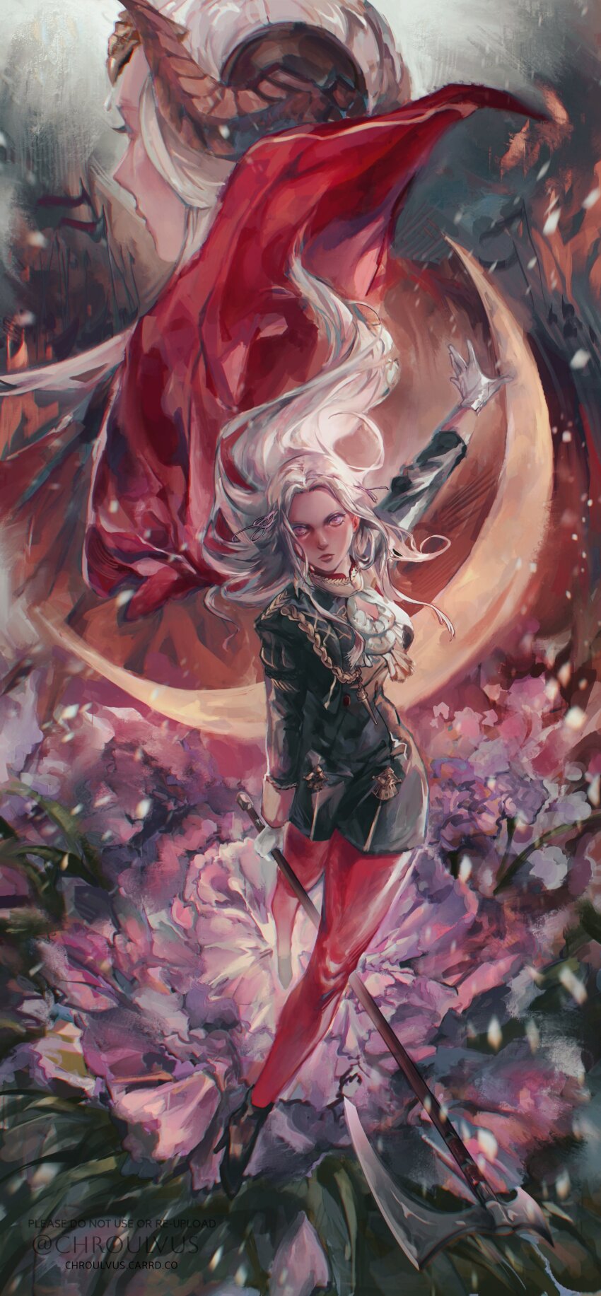 1girl abstract_background absurdres arm_up axe battle_axe black_shoes blonde_hair breasts capelet center_opening chroulvus cleavage cleavage_cutout closed_mouth clothing_cutout commentary crescent double_bun dual_persona edelgard_von_hresvelg edelgard_von_hresvelg_(timeskip) english_commentary fake_horns fire fire_emblem fire_emblem:_three_houses floating_hair from_side full_body garreg_mach_monastery_uniform gloves hair_bun hair_floating_upwards hair_up head_tilt headpiece highres horns long_sleeves looking_at_viewer looking_to_the_side medium_breasts nintendo outdoors pantyhose parted_bangs purple_eyes red_capelet red_lips red_pantyhose shoes solo upper_body weapon white_gloves