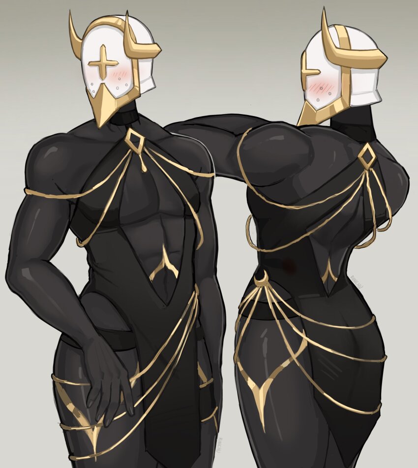 1boy abs angel armor back back_cutout bare_arms bare_legs bare_shoulders black_dress black_skin blush blush_visible_through_mask body_markings clothing_cutout colored_skin dress fake_horns gabriel_(ultrakill) gold_trim helmet highres horned_helmet horns knees_up looking_back looking_to_the_side riinchu simple_background solo ultrakill white_armor white_helmet
