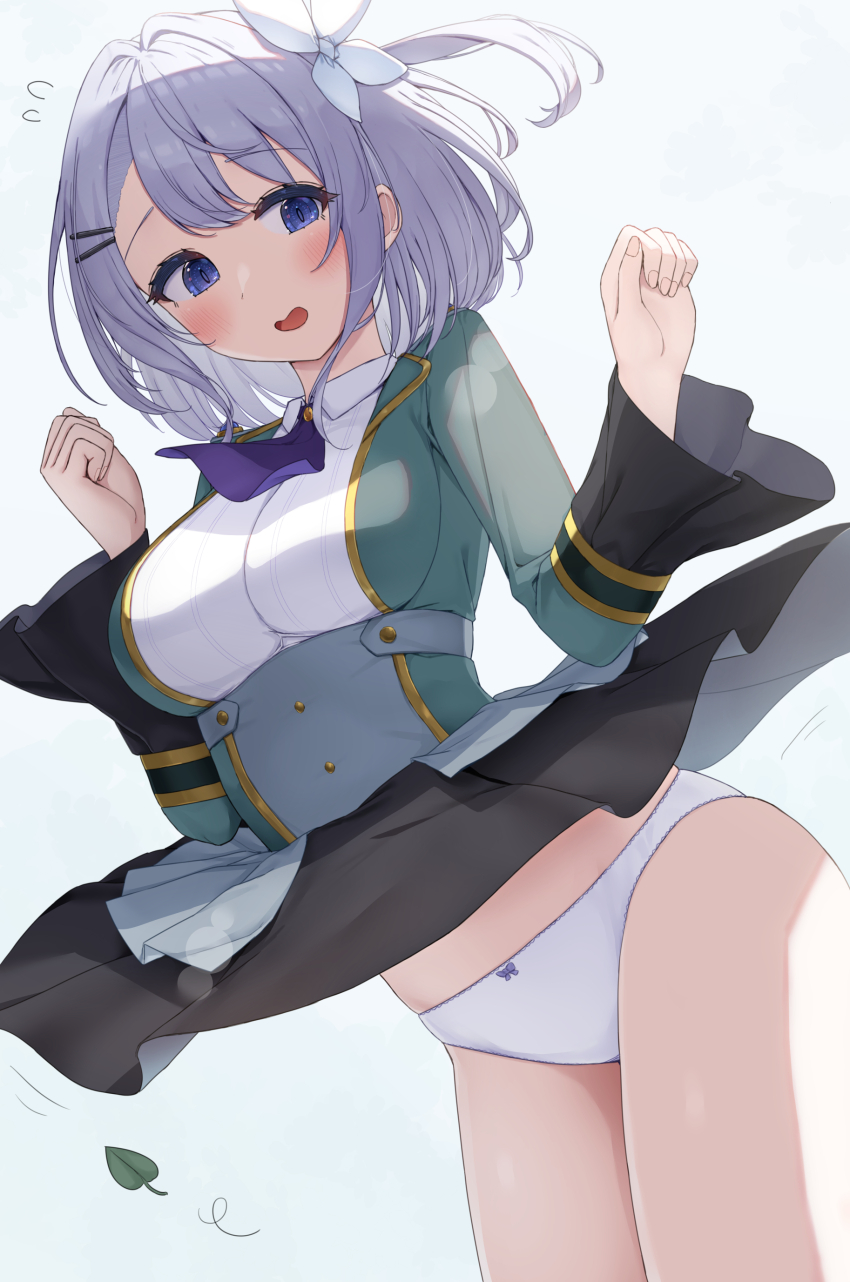 1girl absurdres ascot asigaru3000 blue_eyes breasts clothes_lift collarbone embarrassed green_jacket grey_hair hair_intakes highres hikikomari_kyuuketsuki_no_monmon jacket large_breasts leaf looking_down medium_hair open_mouth panties pantyshot purple_ascot sakuna_memoire shirt simple_background skirt skirt_lift solo striped_clothes striped_shirt underwear vertical-striped_clothes vertical-striped_shirt white_background white_panties white_shirt wide_sleeves wind