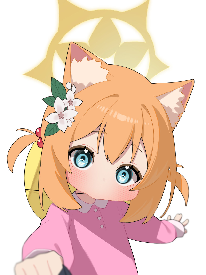 1girl absurdres aged_down agnamore animal_ears beads blue_archive blush cat_ears child collared_shirt flower hair_beads hair_flower hair_ornament halo hat hat_on_back head_tilt highres kindergarten_uniform long_sleeves looking_at_viewer mari_(blue_archive) orange_hair pink_shirt pov shirt simple_background smock solo two_side_up white_background yellow_hat