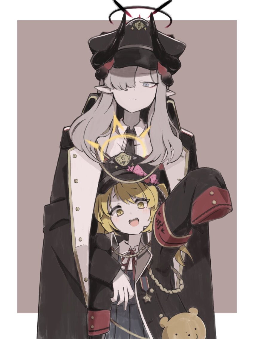 2girls arm_up armband black_coat black_headwear black_necktie blonde_hair blue_archive blue_dress blue_eyes blush closed_mouth coat collared_shirt dress frown grey_hair hair_over_one_eye halo hat highres horns ibuki_(blue_archive) long_hair long_sleeves looking_at_viewer makoto_(blue_archive) multiple_girls neck_ribbon necktie open_mouth peaked_cap pointy_ears ribbon shared_clothes shared_coat shirt sidelocks simple_background sleeves_past_fingers sleeves_past_wrists standing stuffed_animal stuffed_toy teddy_bear uni_gyoza upper_body white_shirt yellow_eyes