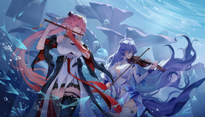 2girls ahoge bare_shoulders black_bow black_collar black_jacket black_thighhighs bow bow_(music) braid breasts cantarella_(wuthering_waves) changli_(wuthering_waves) cleavage closed_eyes closed_mouth collar colored_extremities commentary detached_sleeves dress english_commentary feather_hair floating_hair hair_between_eyes hair_bow hair_extensions hair_ornament headdress highres holding holding_bow_(music) holding_instrument holding_violin instrument jacket jellyfish large_breasts long_hair multicolored_hair multiple_girls music pink_hair playing_instrument purple_hair red_hands ring_hair_extensions ruoruoqiu short_sleeves shrug_(clothing) side_slit single_thighhigh tacet_mark_(wuthering_waves) thigh_strap thighhighs thighs twin_braids two-tone_hair very_long_hair violin white_dress white_hair white_shrug white_thighhighs wuthering_waves yellow_eyes