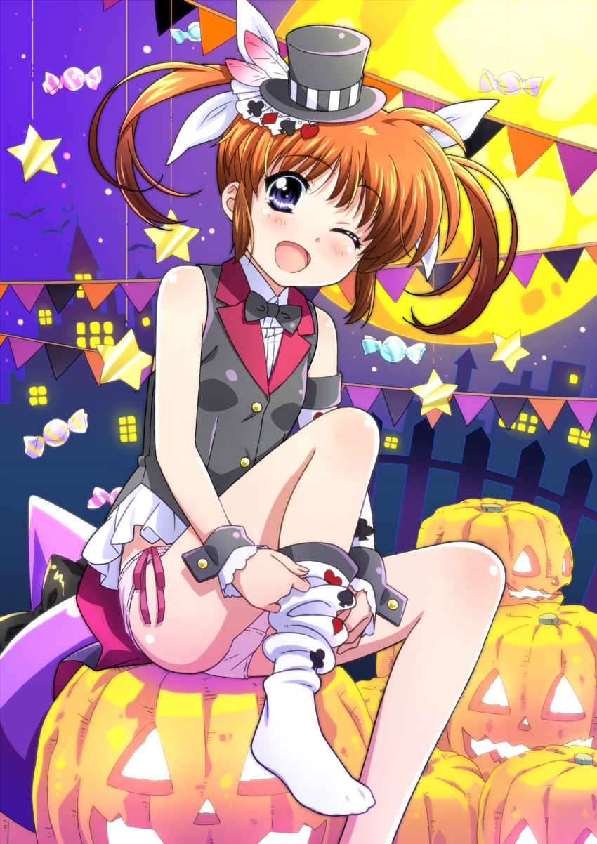 1girl absurdres adjusting_clothes adjusting_legwear bat_(animal) black_bow black_bowtie black_hat black_jacket blazer blue_eyes bow bowtie brown_hair candy commentary crotch_seam dress_shirt food frilled_jacket frills full_moon hair_ribbon halloween halloween_costume hat highres jack-o&#039;-lantern jacket knee_up looking_at_viewer lyrical_nanoha lyrical_store mahou_shoujo_lyrical_nanoha medium_hair mini_hat mini_top_hat miyajima_hitoshi moon night night_sky no_pants one_eye_closed open_mouth panties pink_panties ribbon shirt side-tie_panties sitting sky sleeveless sleeveless_jacket smile socks solo star_(symbol) string_of_flags takamachi_nanoha tilted_headwear top_hat twintails underwear white_ribbon white_shirt white_socks witch_hat wrist_cuffs