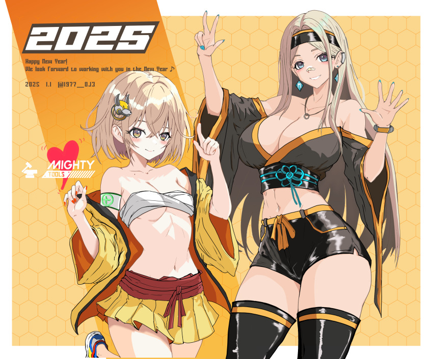 1977_oj3 2025 2girls absurdres aqua_nails bandaid bandaid_on_face bandaid_on_nose bare_shoulders black_hairband black_kimono black_shorts black_thighhighs blonde_hair border breasts centi_(nikke) character_hair_ornament chest_sarashi cleavage closed_mouth collarbone commentary_request cowboy_shot cropped_kimono crossed_bangs english_text goddess_of_victory:_nikke hair_between_eyes hair_ornament hairband hands_up happy_new_year highres japanese_clothes kimono large_breasts liter_(nikke) long_hair looking_at_viewer midriff miniskirt multiple_girls nail_polish navel nengajou new_year off_shoulder orange_background parted_bangs parted_lips pleated_skirt red_nails sarashi short_shorts shorts sidelocks skindentation skirt small_breasts smile standing standing_on_one_leg thick_thighs thighhighs thighs volt_(nikke) white_border yellow_kimono yellow_skirt