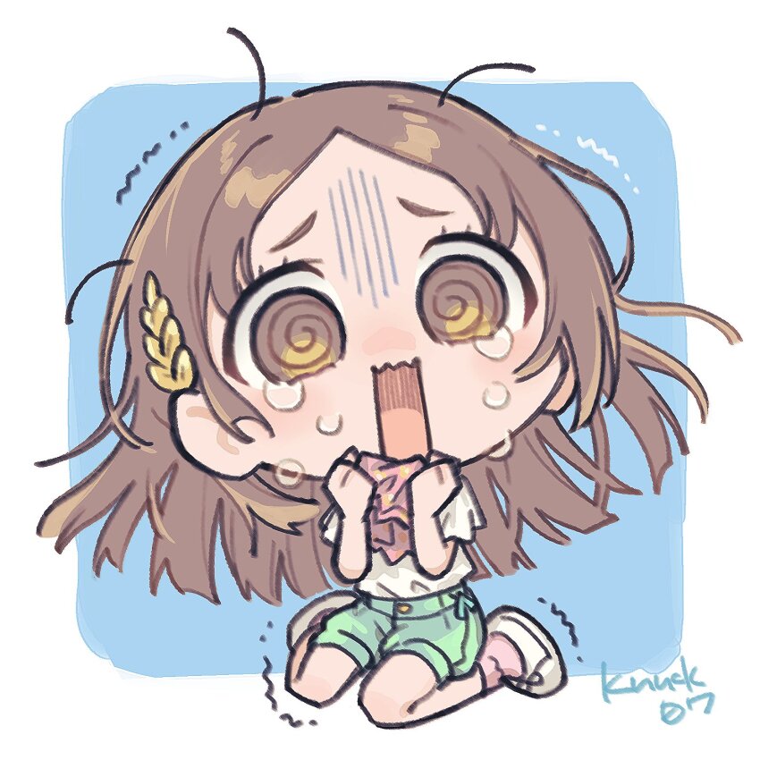 1girl @_@ bare_legs blunt_ends brown_hair full_body gakuen_idolmaster green_shorts highres idolmaster kuramoto_china long_hair nanonin parted_bangs rectangular_mouth shirt shorts sitting solo teardrop tears trembling turn_pale wariza white_shirt