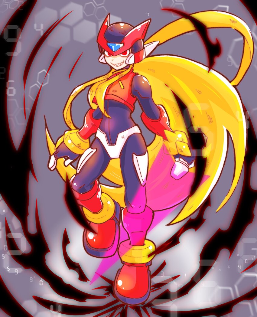 1boy absurdres android armor aura blonde_hair boots energy_sword fang floating_hair forehead_jewel full_body grey_background grin helmet highres holding holding_sword holding_weapon long_hair looking_at_viewer male_focus mega_man_(series) mega_man_zero_(series) mega_man_zero_3 meshiuma0x omega_(mega_man) red_armor red_boots red_eyes red_helmet smile smirk solo sword weapon z_saber