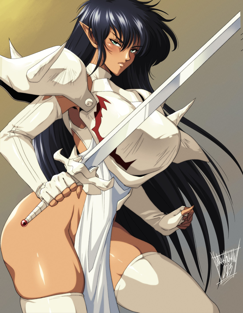 1girl abs absurdres alternate_breast_size armor arshes_nei bastard!! bikini_armor black_hair breasts cape commentary danmakuman dark-skinned_female dark_elf dark_skin elf english_commentary fingerless_gloves gloves green_eyes highres large_breasts long_hair pelvic_curtain pointy_ears solo sword tan thighhighs weapon white_cape white_gloves white_thighhighs