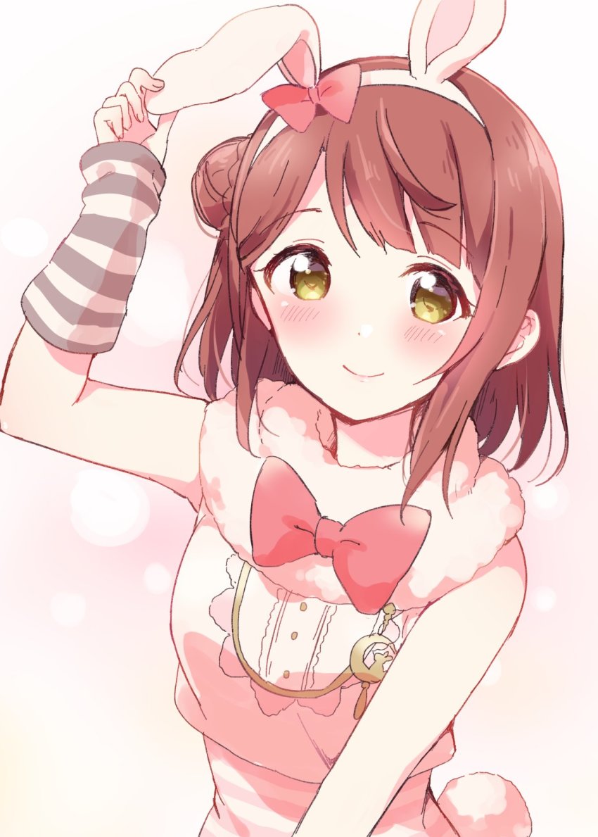 1girl animal_ears animal_print arm_warmers artist_name artist_request bare_shoulders blush bow bowtie braid braided_bun breasts buttons close-up cowboy_shot crescent_moon crescent_moon_symbol cropped_vest detached_sleeves exciting_animal_(love_live!) fake_animal_ears female_focus fur_trim green_eyes hair_bow hair_bun hairband highres hood hooded_vest hoodie looking_at_viewer love_live! love_live!_nijigasaki_high_school_idol_club love_live!_school_idol_festival love_live!_school_idol_festival_all_stars moon nail_(hardware) nail_polish orange_hair parted_lips pink_bow pink_lips pink_nails pink_shirt rabbit_ears rabbit_print rabbit_tail red_bow red_hair shirt short_hair side_bun single_detached_sleeve single_side_bun sleeveless sleeveless_hoodie small_breasts smile solo striped_clothes striped_shirt suspenders tail uehara_ayumu upper_body vest white_hairband white_hoodie white_vest yellow_eyes