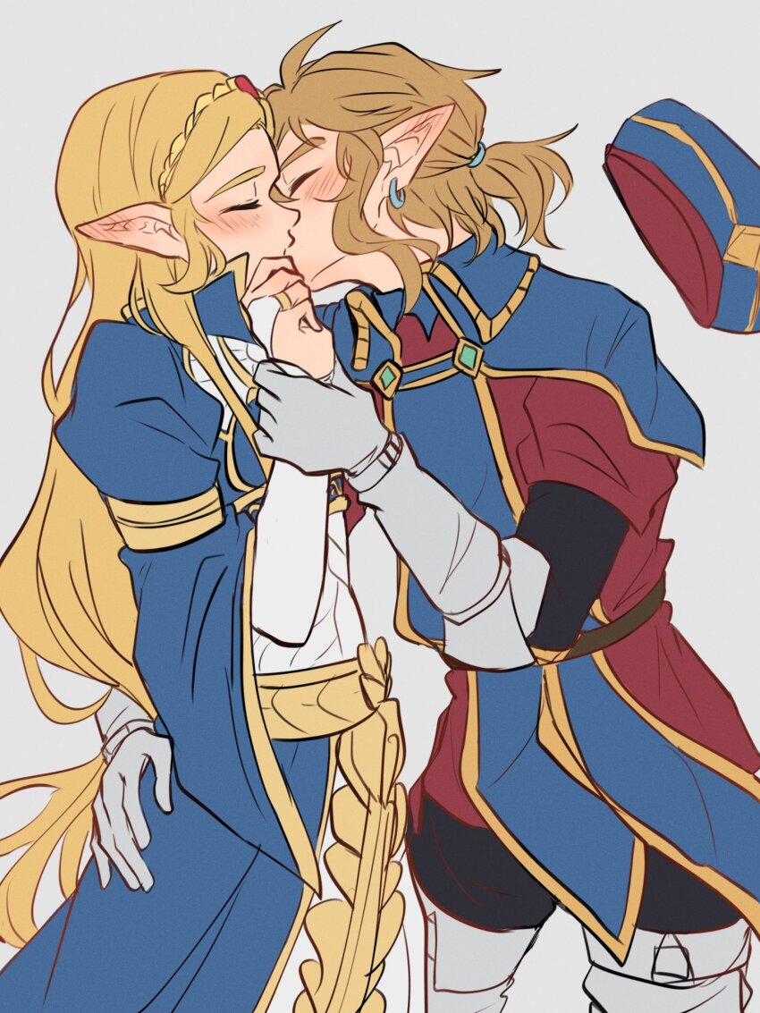 1boy 1girl ahoge aorin_(riley17_a) baggy_pants belt black_pants blonde_hair blue_capelet blue_dress blue_hat blue_tabard blush boots brown_belt brown_hair capelet circlet clenched_hand closed_eyes collared_capelet cowboy_shot dress earrings elbow_gloves fingerless_gloves french_kiss gauntlets gem gloves gold_ring grey_background hair_between_eyes hand_around_waist hand_up hat hetero highres holding_another&#039;s_wrist jewelry juliet_sleeves kiss link long_hair long_sleeves low_ponytail nintendo pants pointy_ears ponytail princess_zelda puffy_sleeves red_gemstone red_shirt shirt short_hair short_ponytail simple_background standing tabard the_legend_of_zelda the_legend_of_zelda:_breath_of_the_wild two-tone_dress unworn_hat unworn_headwear white_boots white_dress white_gloves wide_sleeves yellow_belt