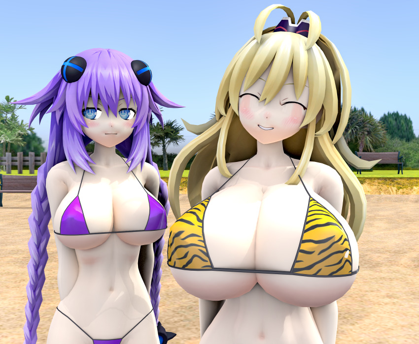2girls 3d 3d_background absurdres bare_shoulders bikini blonde_hair blue_eyes blush braid breasts cleavage commentary day english_commentary hair_ornament highres large_breasts long_hair multiple_girls navel neptune_(series) power_symbol power_symbol-shaped_pupils purple_hair purple_heart_(neptunia) smile stomach swimsuit symbol-shaped_pupils tobojashi twin_braids yellow_heart_(neptunia)