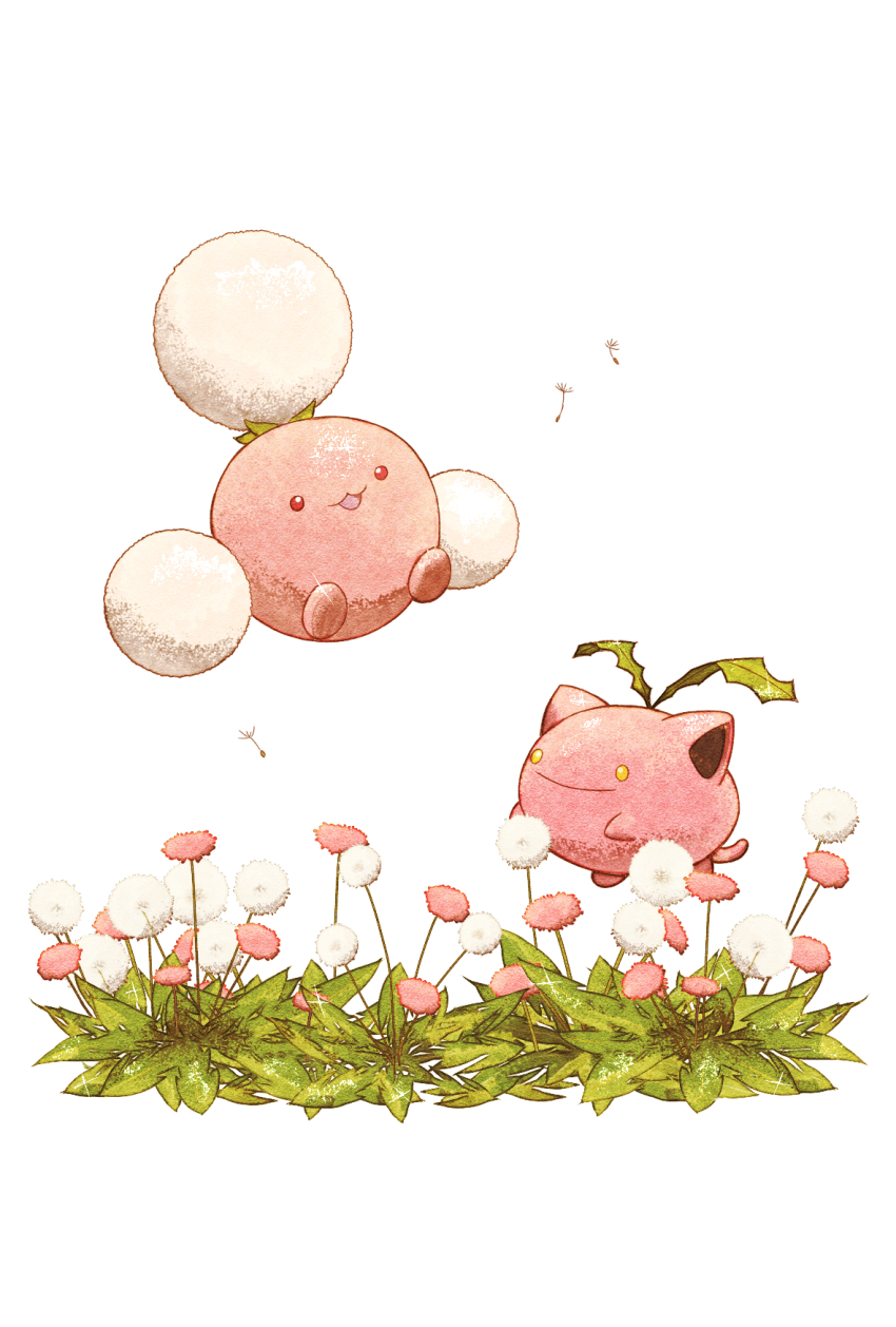 :d closed_mouth commentary_request dandelion dandelion_seed floating flower gen_2_pokemon highres hoppip jumpluff mozuku_1313 nintendo no_humans open_mouth pokemon pokemon_(creature) pokemon_focus smile white_background yellow_eyes