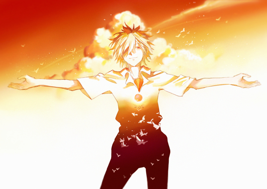 1boy bare_arms beckoning bird cemony closed_mouth cloud contrail double_exposure gradient_sky hair_over_one_eye highres light_particles looking_at_viewer male_focus monochrome nagisa_kaworu neon_genesis_evangelion one_eye_covered orange_sky orange_theme outstretched_arms pants polo_shirt school_uniform short_hair short_sleeves sky smile solo spread_arms standing twilight undershirt upper_body