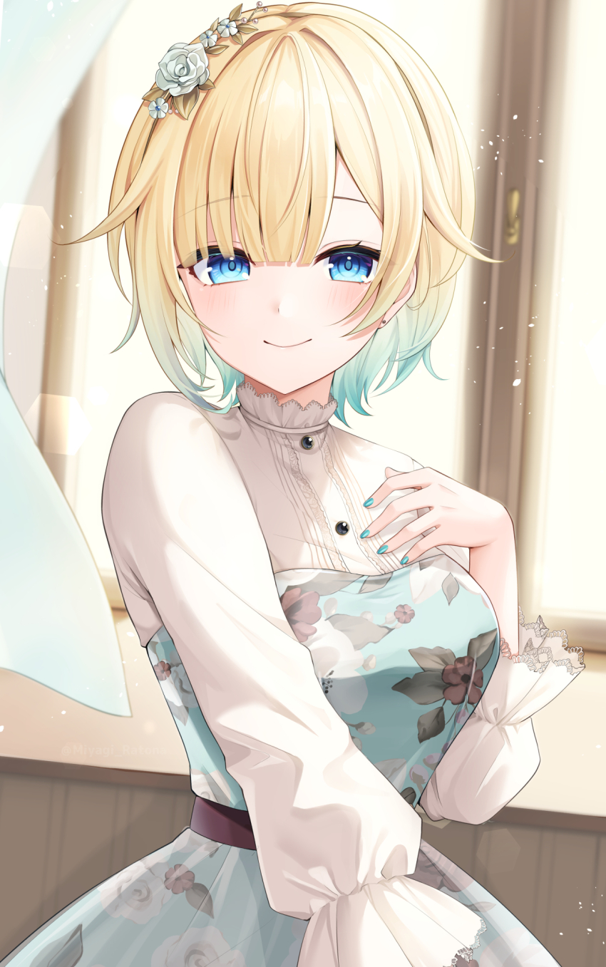 1girl aizawa_ema aizawa_ema_(3rd_costume) aqua_dress aqua_hair aqua_nails asymmetrical_bangs blonde_hair blue_eyes blush buttons closed_mouth commentary commission curtains day dress earrings floral_print flower gradient_hair hair_between_eyes hair_flower hair_ornament hand_on_own_chest hand_up highres indoors jewelry lace lace-trimmed_collar lace-trimmed_shirt lace_trim lens_flare light_particles long_sleeves looking_at_viewer miyagi_ratona multicolored_hair print_dress shirt short_hair skeb_commission smile solo stud_earrings sunlight virtual_youtuber vspo! white_flower white_shirt window