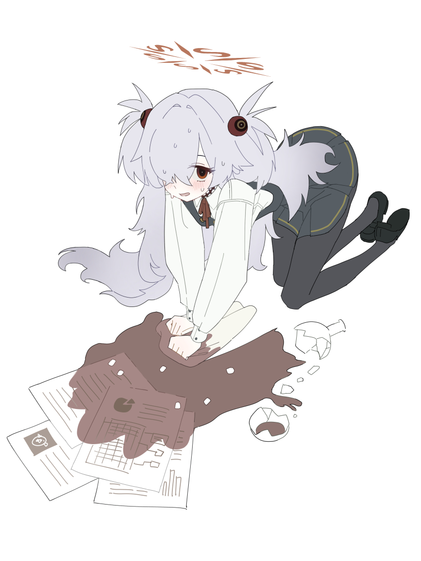 1girl absurdres accident all_fours black_pantyhose black_shoes black_skirt black_vest blue_archive blush broken_bottle broken_glass cleaning cleaning_rag coffee collared_shirt commentary_request flask full_body glass grey_hair hair_intakes hair_ornament hair_over_one_eye halo highres holding holding_rag kanoe_(blue_archive) long_bangs long_hair long_sleeves looking_at_viewer miniskirt neck_ribbon nervous_smile nervous_sweating one_eye_covered open_mouth pantyhose paper pleated_skirt red_eyes red_halo red_ribbon ribbon round-bottom_flask school_uniform shirt shoes simple_background skirt smile solo spill sweat two_side_up upturned_eyes very_long_hair vest white_background white_shirt wiping yona_(yoroyoro)