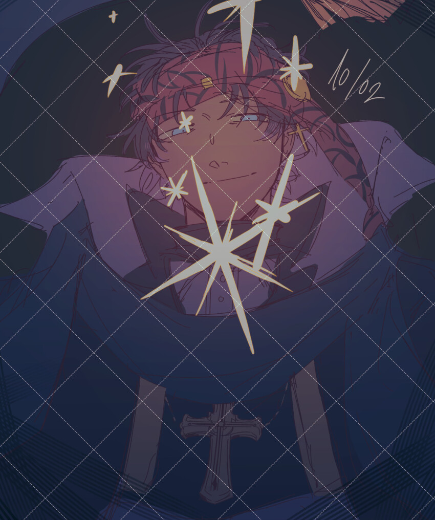 1boy bandana bartholomew_roberts_(fate) black_hair blue_eyes collared_shirt cross cross_necklace crosshatching dark-skinned_male dark_skin fate/grand_order fate_(series) hatching_(texture) high_collar highres historical_event jewelry looking_at_viewer necklace red_bandana scarf shirt short_hair sketch smile solo star_(symbol) tsunesama upper_body