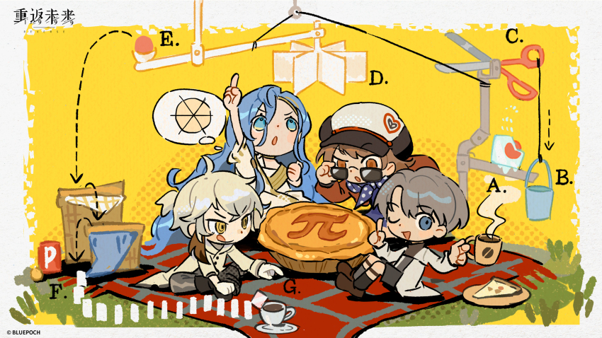 1boy 1other 2girls 37_(reverse:1999) :o :q ;d adjusting_eyewear alphabet ancient_greek_clothes arm_up arrow_(symbol) ball black_footwear black_shorts black_socks blue_dress blue_eyes blue_hair blue_neckerchief border brown_footwear brown_hair bucket butterfly_sitting cabbie_hat chibi circle coat coffee coffee_mug copyright_name copyright_notice cup dominoes dotted_line dress food full_body gloves grass greco-roman_clothes greek_letters grey_hair grey_pants hair_between_eyes halftone halftone_background hand_up hat highres holding holding_cup ice imagining index_finger_raised jacket knees_up lever logo long_hair long_sleeves looking_at_food looking_at_object looking_at_viewer looking_down looking_over_eyewear looking_up medicine_pocket mug multicolored_hair multiple_girls neckerchief official_art on_ground one_eye_closed open_mouth orange_eyes pants pi_(math) pi_day picnic picnic_basket picnic_blanket pie pizza pizza_slice plate pointing polka_dot_neckerchief ponytail red_jacket regulus_(reverse:1999) reverse:1999 rope rube_goldberg_machine scissors short_hair short_ponytail shorts sitting smile socks speech_bubble steam streaked_hair sugar_cube sunglasses thought_bubble toga tongue tongue_out uneven_eyes v-shaped_eyebrows very_long_hair white_border white_coat white_gloves white_hair x_(reverse:1999) yellow_background yellow_eyes