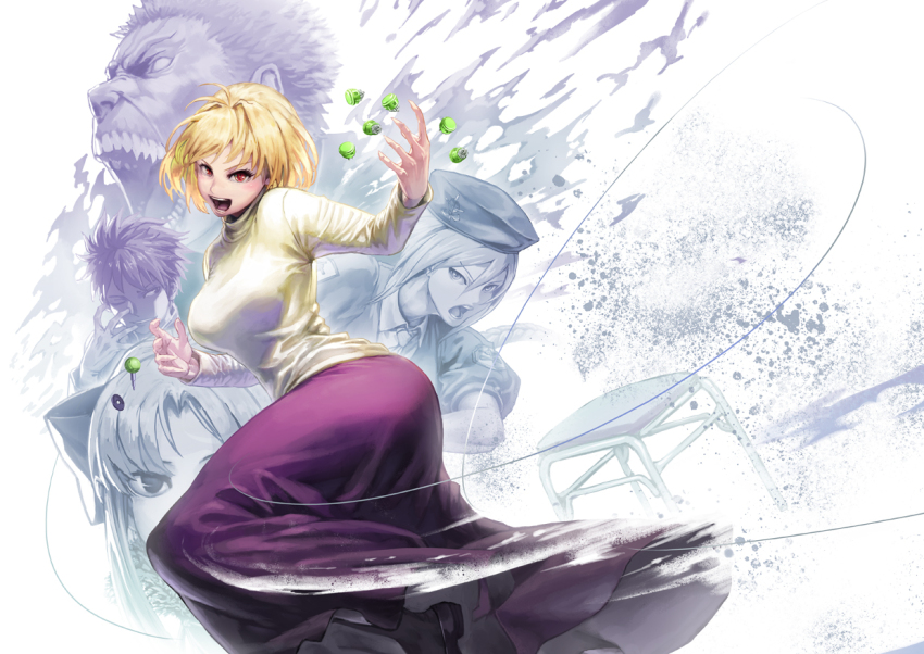 2boys 3girls arcueid_brunestud ass blonde_hair breasts chair etherlite hands_up higashiyama_hayato huge_breasts large_breasts len_(tsukihime) looking_at_viewer melty_blood monster multiple_boys multiple_girls nrvnqsr_chaos open_hand purple_skirt red_eyes sharp_teeth short_hair simple_background sion_eltnam_(type-moon) sion_eltnam_atlasia skirt smile sweater teeth tohno_shiki tsukihime turtleneck turtleneck_sweater