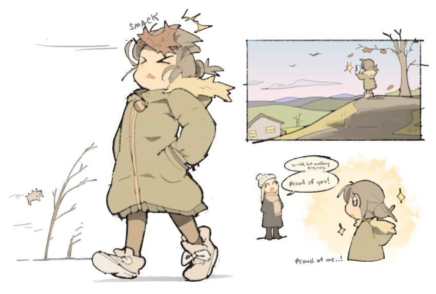 2girls coat comic english_text hand_in_pocket highres multiple_girls original taking_picture temmie_chang walking wind