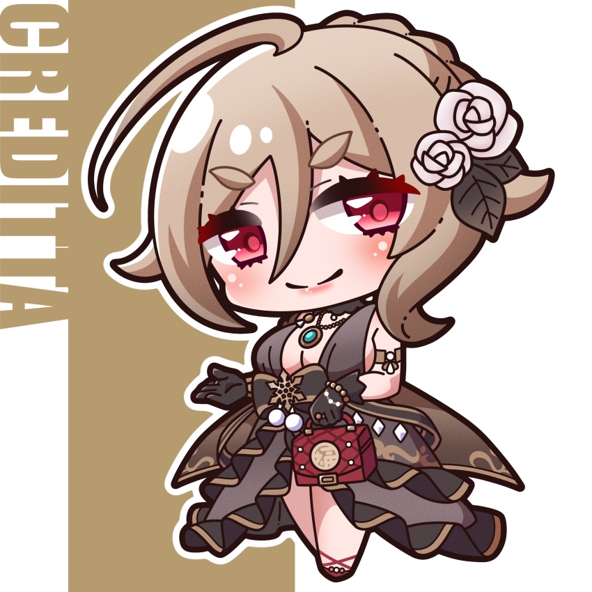 1girl absurdres ahoge bag bare_shoulders black_dress black_gloves blush breasts brown_background brown_hair character_name chibi cleavage closed_mouth commentary_request creditta_(christmas)_(princess_connect!) creditta_(princess_connect!) dress flower full_body gloves hair_between_eyes hair_flower hair_ornament handbag highres holding holding_bag jewelry large_breasts looking_at_viewer outline pendant princess_connect! red_eyes red_footwear rose saishosaisekojo short_eyebrows smile solo standing thick_eyebrows two-tone_background white_background white_flower white_outline white_rose