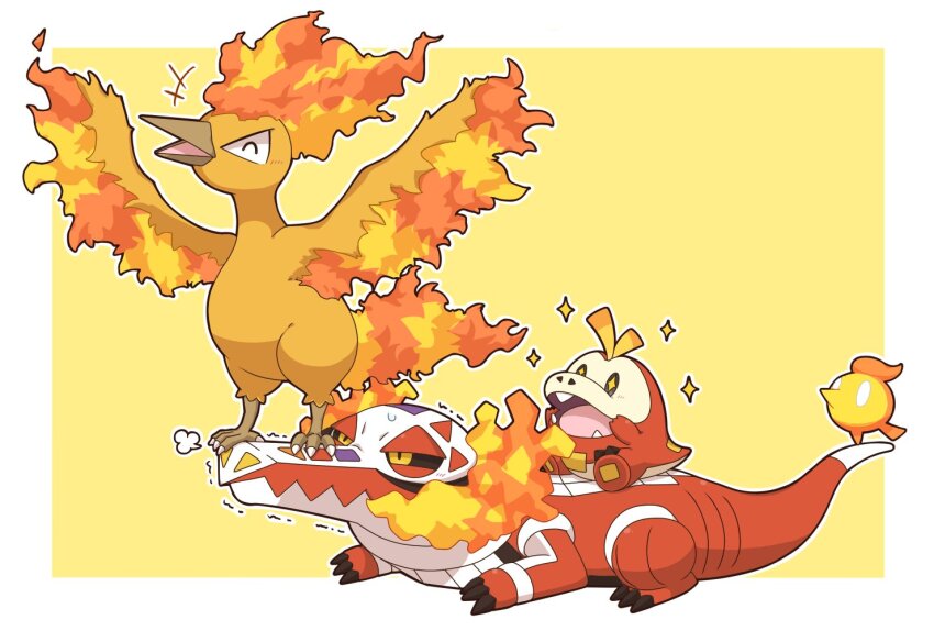 2027_(submarine2027) animal_focus beak bird black_eyes black_sclera blush claws closed_eyes closed_mouth colored_sclera fire fire_bird_(skeledirge) fuecoco gen_1_pokemon legendary_pokemon moltres nintendo pokemon pokemon_(creature) skeledirge yellow_eyes