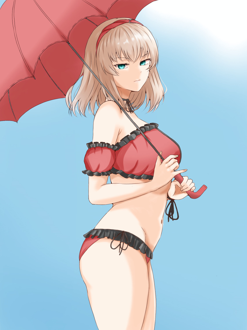 absurdres bikini blue_background commentary detached_collar english_commentary frilled_bikini frills from_side frown girls_und_panzer girls_und_panzer_senshadou_daisakusen! glaring gomi_ningen_(81848656) hairband half-closed_eyes highres holding holding_umbrella itsumi_erika off-shoulder_bikini off_shoulder official_alternate_costume red_bikini red_hairband side-tie_bikini_bottom swimsuit umbrella
