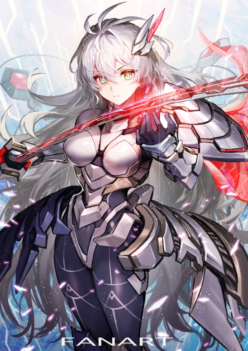 1girl armor black_bodysuit bodysuit breasts duel_monster grey_hair hair_between_eyes hand_to_blade headgear highres holding holding_sword holding_weapon long_hair looking_at_viewer medium_breasts nakamura_eight sky_striker_ace_-_zero solo sword weapon white_armor yu-gi-oh!
