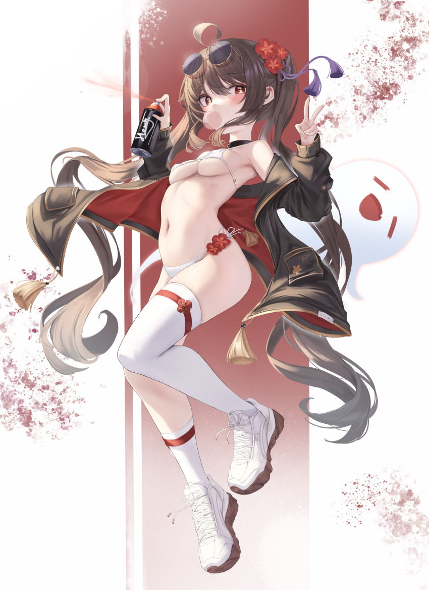 1girl absurdres ahoge black_choker blowing_bubbles blush boo_tao_(genshin_impact) bra breasts brown_coat brown_hair choker coat commentary eyewear_on_head flower-shaped_pupils full_body genshin_impact highres holding_spray_can hong_(vsak3373) hu_tao_(genshin_impact) long_hair long_sleeves looking_at_viewer medium_breasts navel open_clothes open_coat panties red_eyes round_eyewear shoes side-tie_panties single_sock single_thighhigh socks solo stomach symbol-shaped_pupils thighhighs tinted_eyewear twintails underwear v white_bra white_panties white_shoes white_socks white_thighhighs