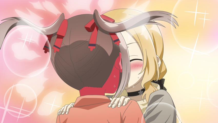 2girls black_hair blonde_hair blush closed_eyes full-face_blush hair_ornament hands_on_another&#039;s_shoulders highres inubouzaki_fuu kiss long_hair miyoshi_karin multiple_girls riokasen short_hair yuri yuuki_yuuna_wa_yuusha_de_aru yuuki_yuuna_wa_yuusha_de_aru:_hanayui_no_kirameki yuusha_de_aru