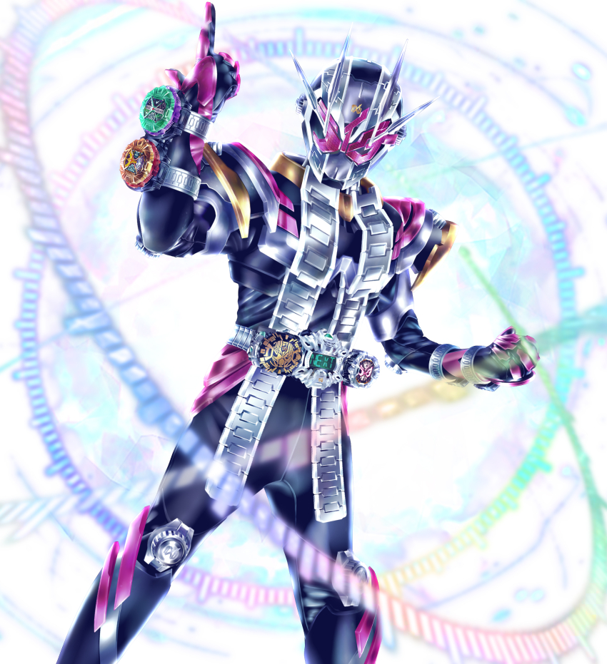 1boy armor belt black_armor black_bodysuit bodysuit compound_eyes gloves helmet highres kamen_rider kamen_rider_zi-o kamen_rider_zi-o_(series) kamen_rider_zi-o_ii kuzurx male_focus pink_eyes pink_gloves rider_belt rider_watch tokusatsu zi-o_rider_watch ziku_driver