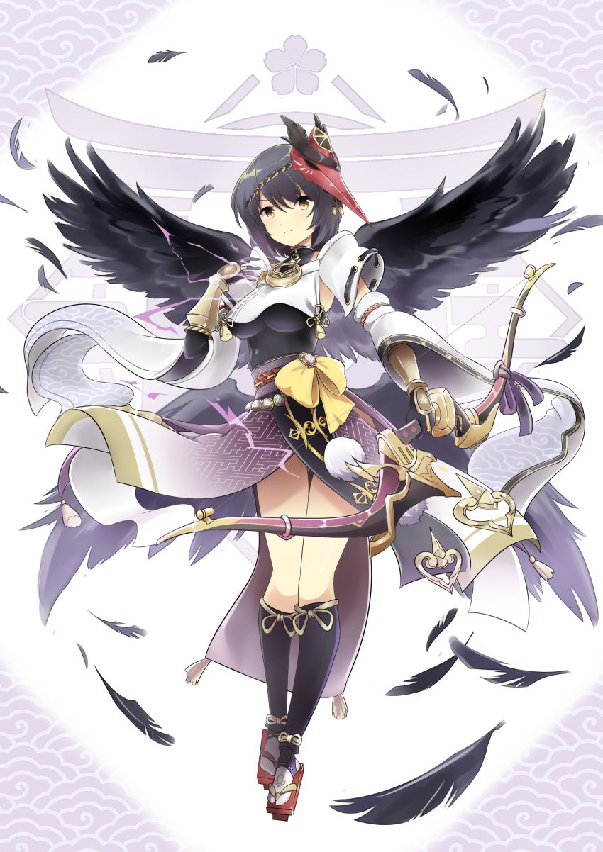 1girl absurdres arm_guards armpits bare_shoulders black_gloves black_wings blue_hair bow_(weapon) breast_curtain breasts clenched_hands collared_shirt dark_blue_hair detached_sleeves elbow_gloves expressionless eyelashes feathered_wings feathers female_focus floating full_body genshin_impact geta gloves hand_up highres holding holding_weapon japanese_clothes jewelry kneehighs kujou_sara legs legs_together looking_at_viewer mask mask_on_head medium_breasts medium_hair mihoyo multiple_wings neck necklace obi outstretched_arm sash shirt sidelocks sleeveless sleeveless_shirt socks sudhiro_sappurisa swept_bangs tabi tassel tengu tengu-geta tengu_mask thighs tight_clothes tight_shirt vision_(genshin_impact) weapon wide_sleeves wings yellow_eyes