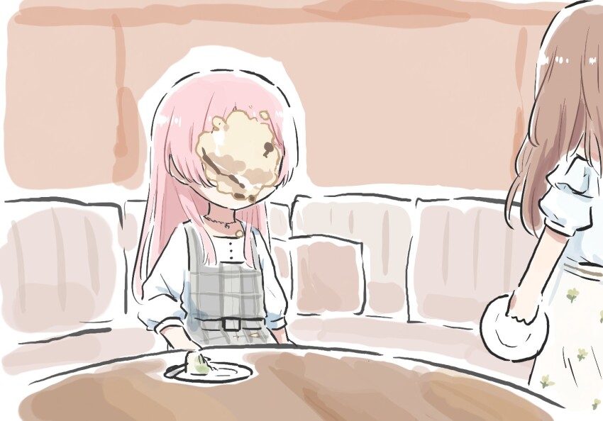2girls bang_dream! bang_dream!_it&#039;s_mygo!!!!! brown_hair cake cake_on_head chihaya_anon commentary_request dress food food_on_face grey_dress holding holding_plate jewelry long_hair lyy multiple_girls nagasaki_soyo necklace pinafore_dress pink_hair plaid_clothes plaid_dress plate shirt short_sleeves sleeveless sleeveless_dress three-quarter_sleeves white_shirt
