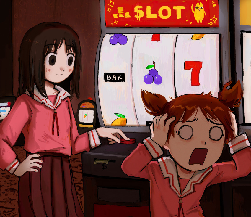 2girls absurdres azumanga_daioh&#039;s_school_uniform azumanga_daiou brown_eyes brown_hair casino fffkorobka gambling hand_on_own_hip hands_on_own_head highres indoors kasuga_ayumu medium_hair messy_hair mihama_chiyo mihama_chiyo&#039;s_father multiple_girls o_o pink_shirt push-button sailor_collar school_uniform screaming shirt short_twintails slot_machine twintails white_sailor_collar