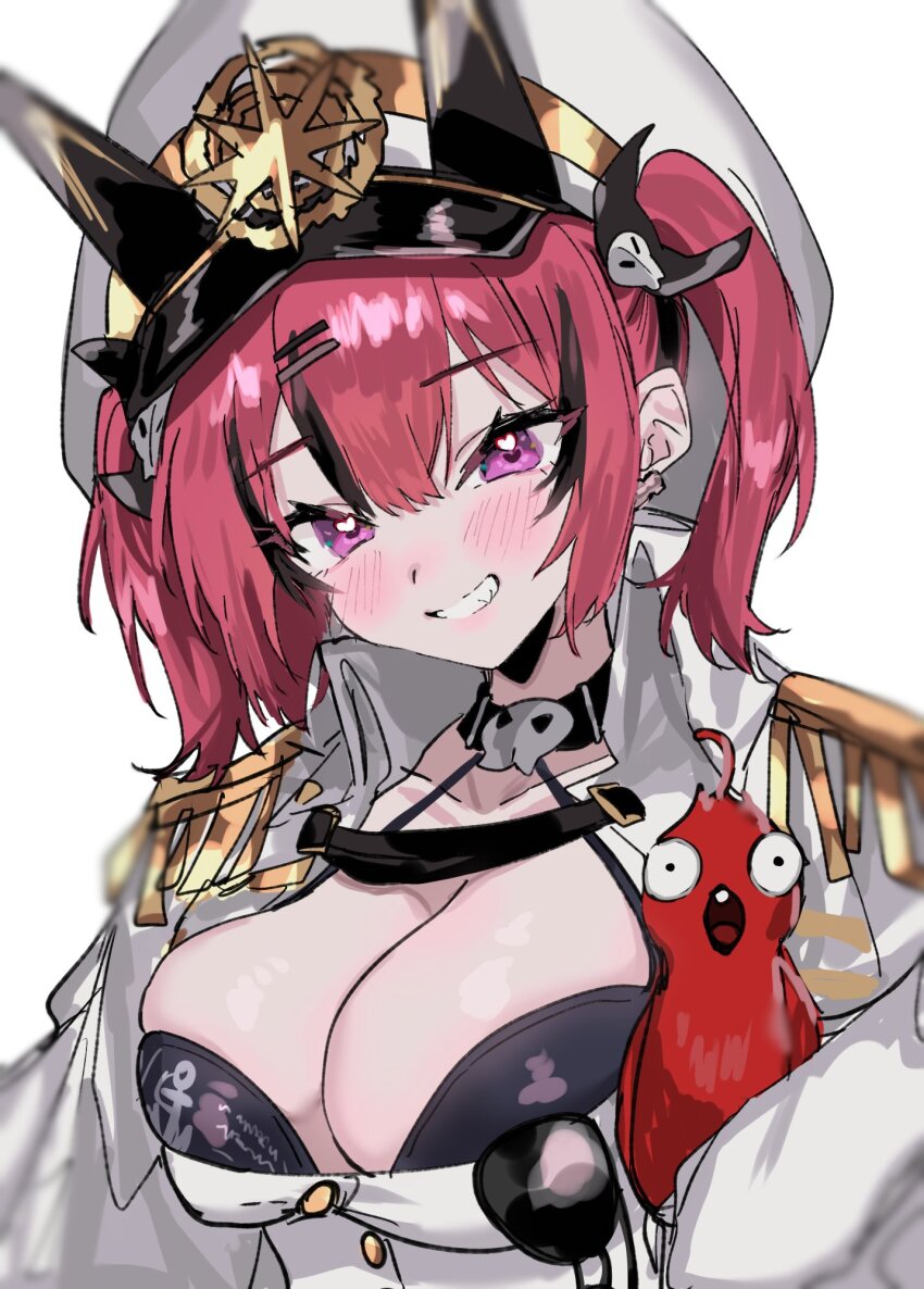 1girl aogisa aviator_sunglasses bikini bird black_bra bra bra_peek collarbone goddess_of_victory:_nikke hair_ornament hat highres mast_(nikke) morgan_(nikke) parrot pink_bikini pink_hair purple_eyes sailor_hat simple_background skull_hair_ornament skull_ornament solo sunglasses swimsuit underwear upper_body white_background