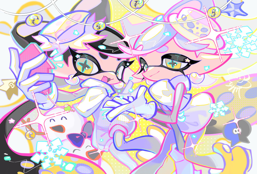 2girls black_hair bow-shaped_hair callie_(frostyfest)_(splatoon) callie_(splatoon) commentary_request cousins dress earrings fang gloves grey_hair highres holding holding_phone inkling jewelry jumpsuit marie_(frostyfest)_(splatoon) marie_(splatoon) multiple_girls nintendo official_alternate_costume open_mouth pantyhose phone scarf short_hair skin_fang smile splatoon_(series) splatoon_3 star-shaped_pupils star_(symbol) strapless strapless_dress symbol-shaped_pupils taking_picture tentacle_hair twintails white_dress white_gloves white_jumpsuit white_pantyhose white_scarf xiaoyunatie yellow_eyes
