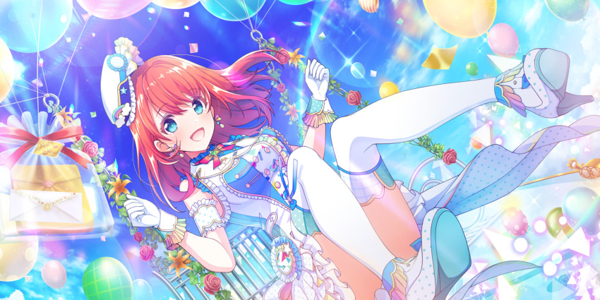 1girl :d armband bag balloon bare_shoulders blue_dress blue_sky breasts buttons convenient_leg day double-breasted dress dutch_angle earrings envelope game_cg gloves hands_up hat high_heels highres idol idol_clothes jewelry lapis_re:lights lens_flare medium_breasts medium_hair official_art on_swing open_mouth outdoors plastic_bag polka_dot red_hair sky sleeveless sleeveless_dress smile solo sparkle swing thighhighs third-party_source tiara_(lapis_re:lights) two-tone_dress white_armband white_dress white_gloves white_hat white_thighhighs