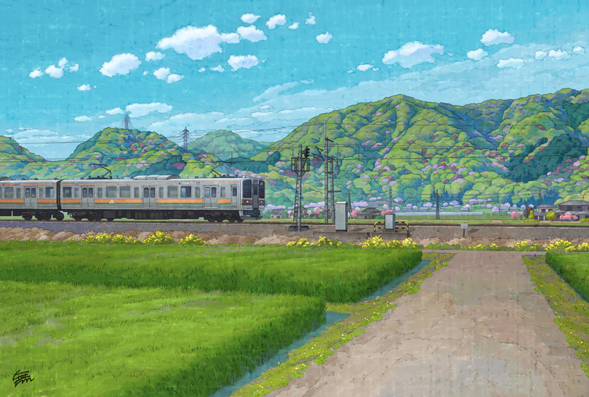 artist_name blue_sky bush cloud commentary_request day east_japan_railway_company field forest grass hill house mountain mugumo_24k multiple_unit_train nature no_humans original outdoors overhead_line power_lines road scenery signature sky tochigi_prefecture train transmission_tower utility_pole village