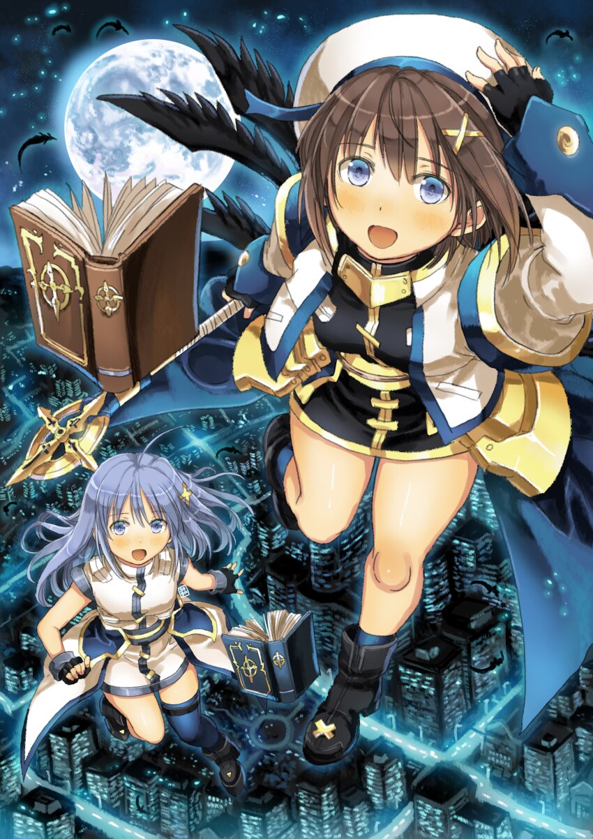2girls absurdres beret black_dress black_footwear black_gloves blue_eyes blue_hair blue_thighhighs book boots breasts city dress fingerless_gloves floating_hair flying garimpeiro gloves hat highres holding holding_staff jacket long_hair looking_at_viewer lyrical_nanoha mahou_shoujo_lyrical_nanoha mahou_shoujo_lyrical_nanoha_a&#039;s mahou_shoujo_lyrical_nanoha_strikers medium_breasts moon multiple_girls open_mouth reinforce_zwei single_thighhigh sleeveless sleeveless_jacket smile staff thighhighs white_hat white_jacket wings yagami_hayate