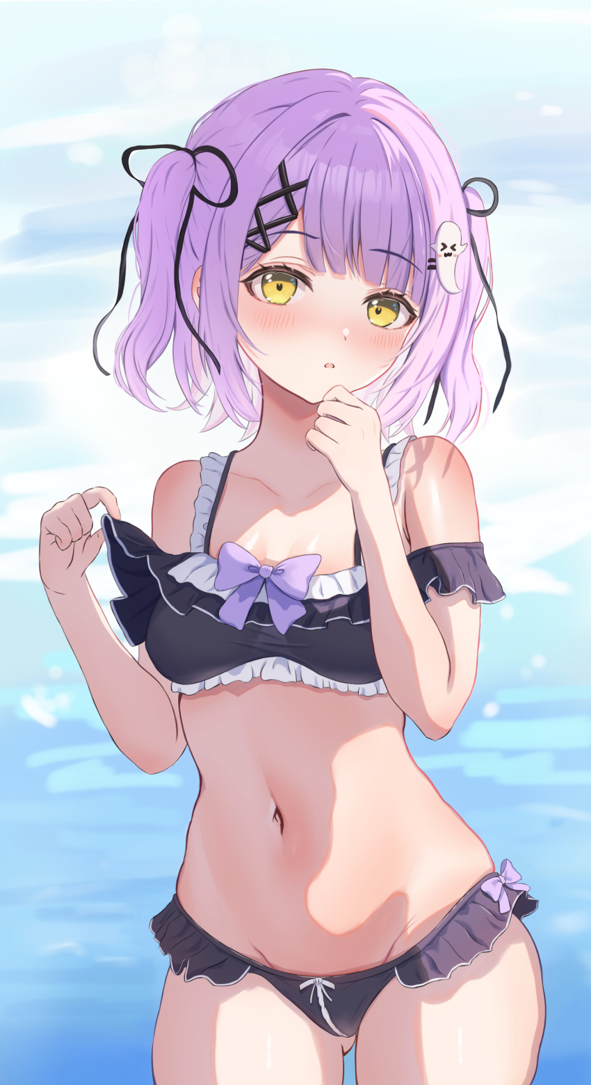 1girl absurdres amatsuki_eri bikini black_bikini blush bow bow_bikini breasts cloud cowboy_shot crotch_seam frilled_bikini frills ghost_hair_ornament gluteal_fold hair_ornament hair_ribbon highres looking_at_viewer navel nose_blush ocean off-shoulder_bikini off_shoulder parted_lips purple_hair ribbon shinomiya_runa shinomiya_runa_(summer_c102) short_hair small_breasts solo stomach swimsuit two_side_up virtual_youtuber vspo! x_hair_ornament yellow_eyes