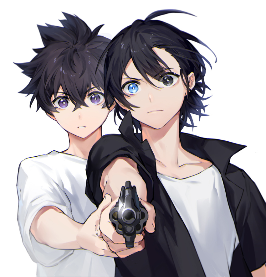 2boys aiming aiming_at_viewer ajiro_shinpei anchun_(quail0503) black_eyes black_hair black_shirt blue_eyes collarbone commentary_request crossed_bangs eyes_visible_through_hair gun hair_between_eyes handgun heterochromia highres holding holding_gun holding_weapon male_focus minakata_ryuunosuke multiple_boys open_clothes open_shirt purple_eyes shirt short_hair short_sleeves summertime_render weapon white_shirt