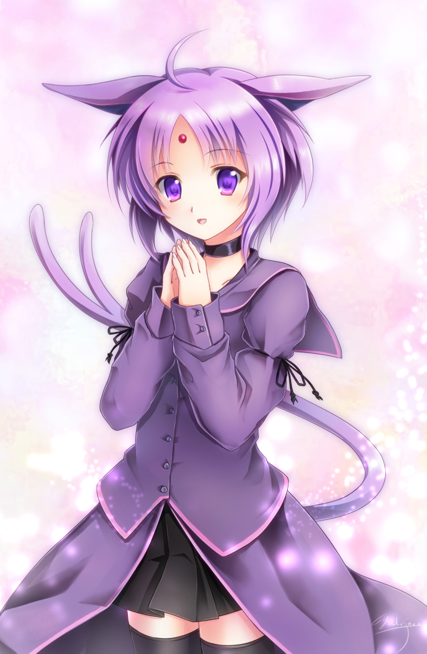 1girl :d ahoge animal_ears black_skirt black_thighhighs blouse buttons choker coat cowboy_shot espeon facial_mark female_focus forehead_mark gen_2_pokemon highres long_sleeves looking_at_viewer multiple_tails nintendo open_mouth palms personification pleated_skirt pokemon purple_eyes purple_hair purple_shirt shirt skirt smile solo standing tail thighhighs thighs tied_sleeves two_tails yuitsuki1206 zettai_ryouiki